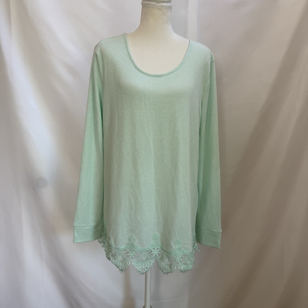 Soft Surroundings Sweater Women's Size M Lace Hem L/S Tunic Top Green - Picture 1 of 9